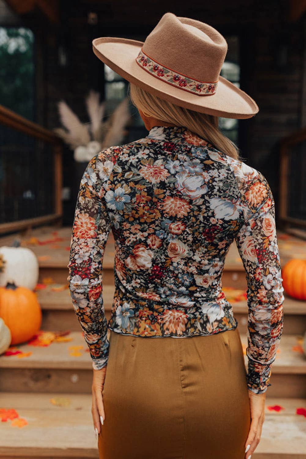 The Evelyn | Floral Print Mesh Mock Neck Slim Blouse