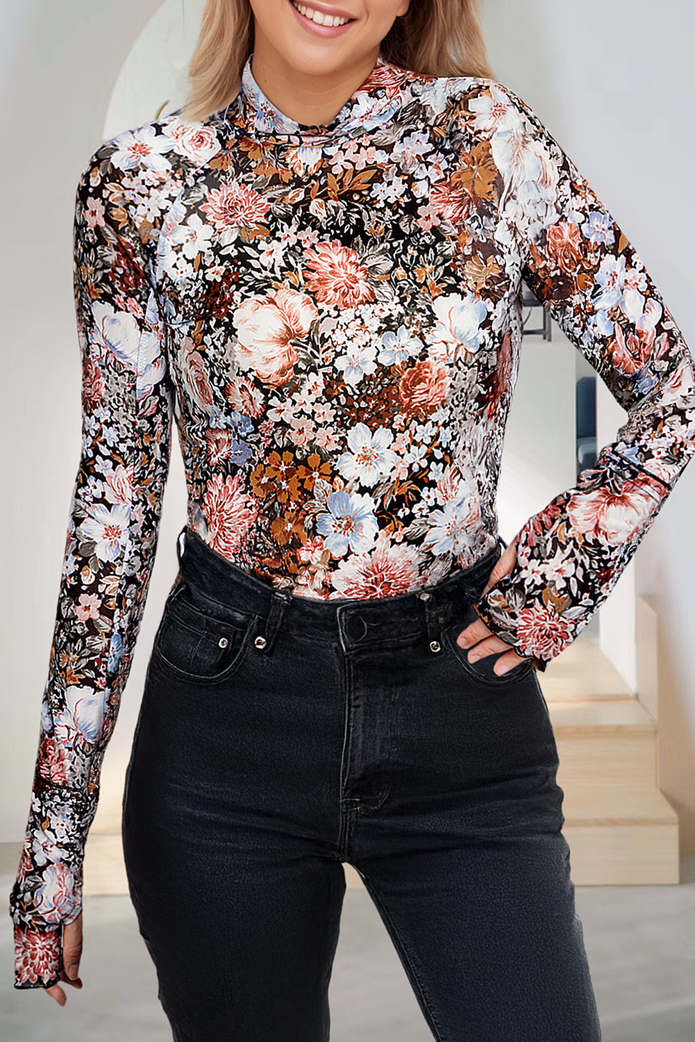 Sarah Floral Long Sleeve High Neck Sheath Mesh Blouse