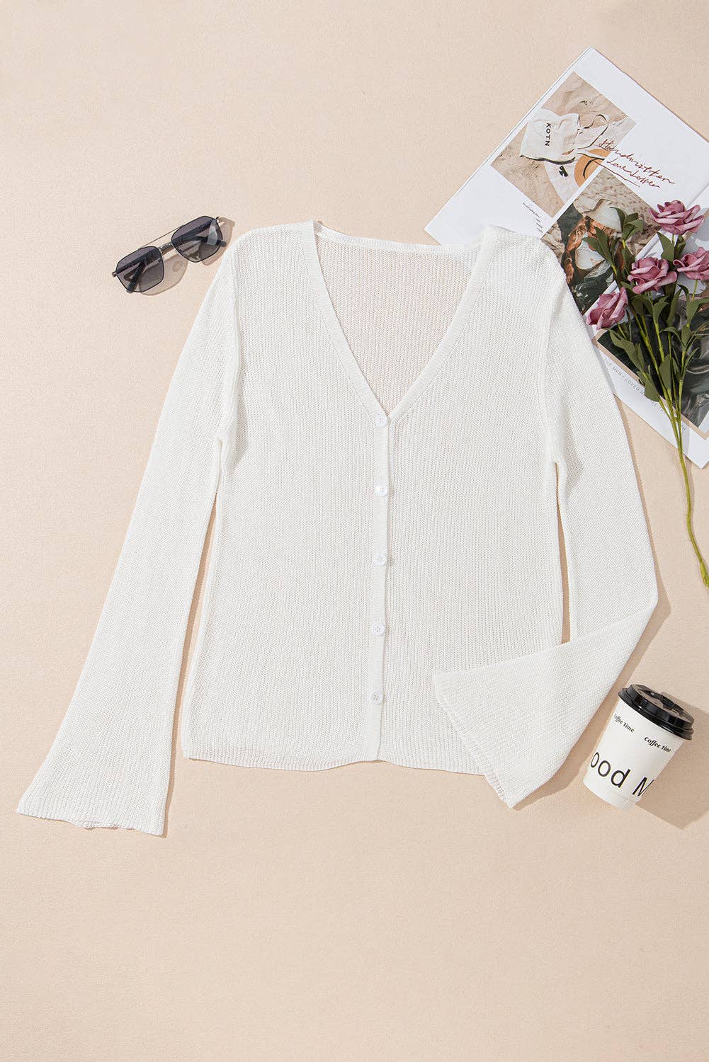 Solid Bell Sleeve Cardigan Sweater
