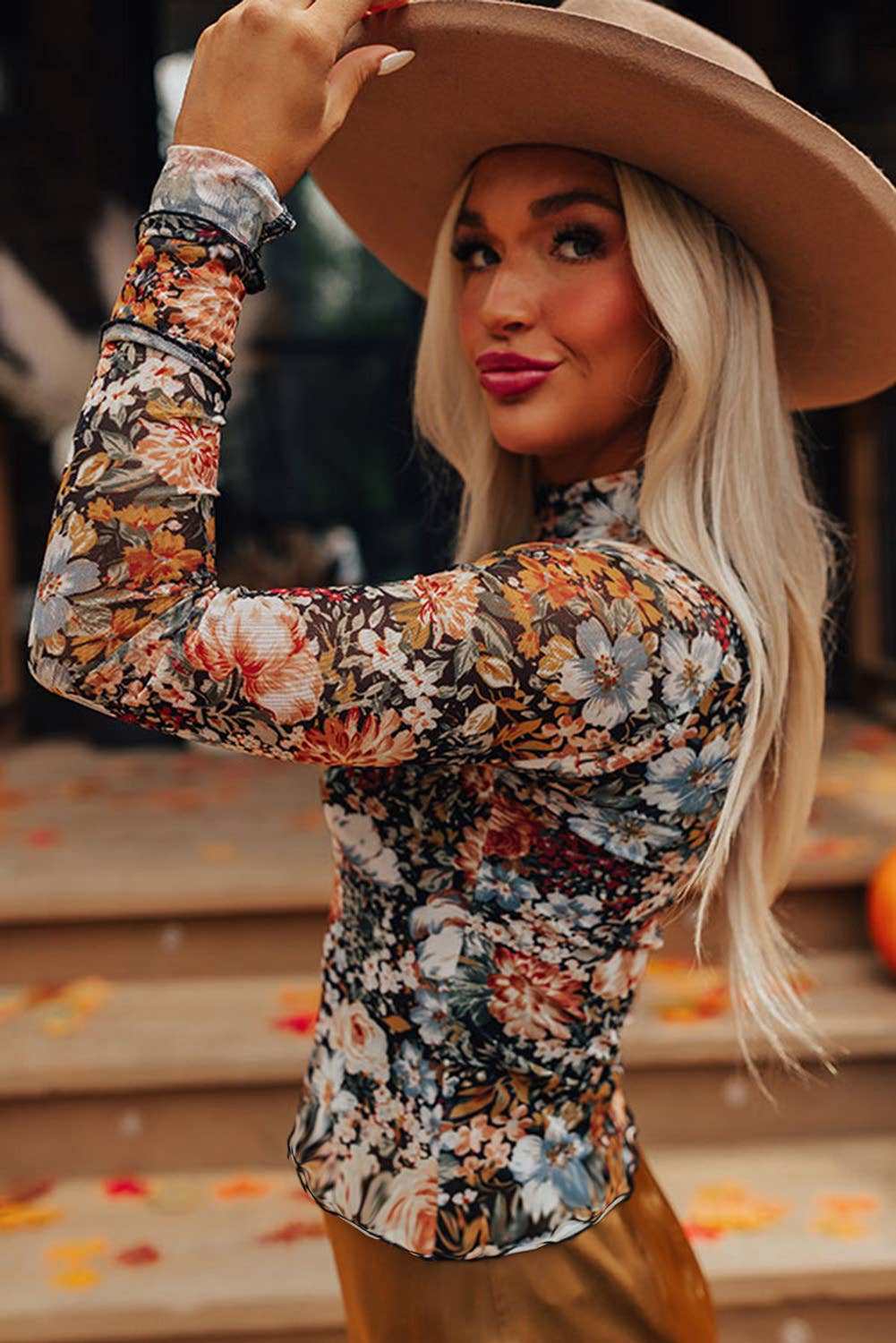 The Evelyn | Floral Print Mesh Mock Neck Slim Blouse