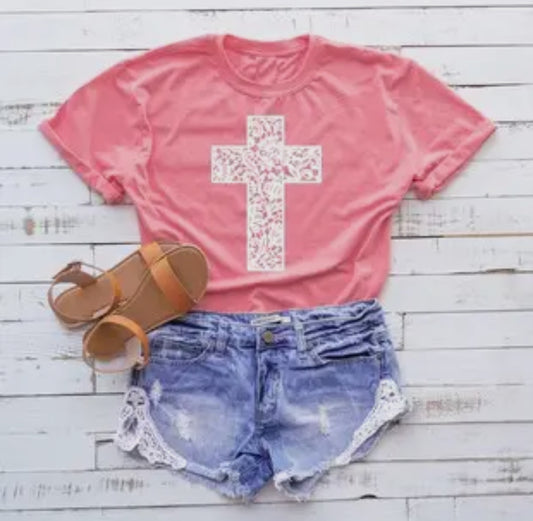 Coral Lace Cross Faith Tee