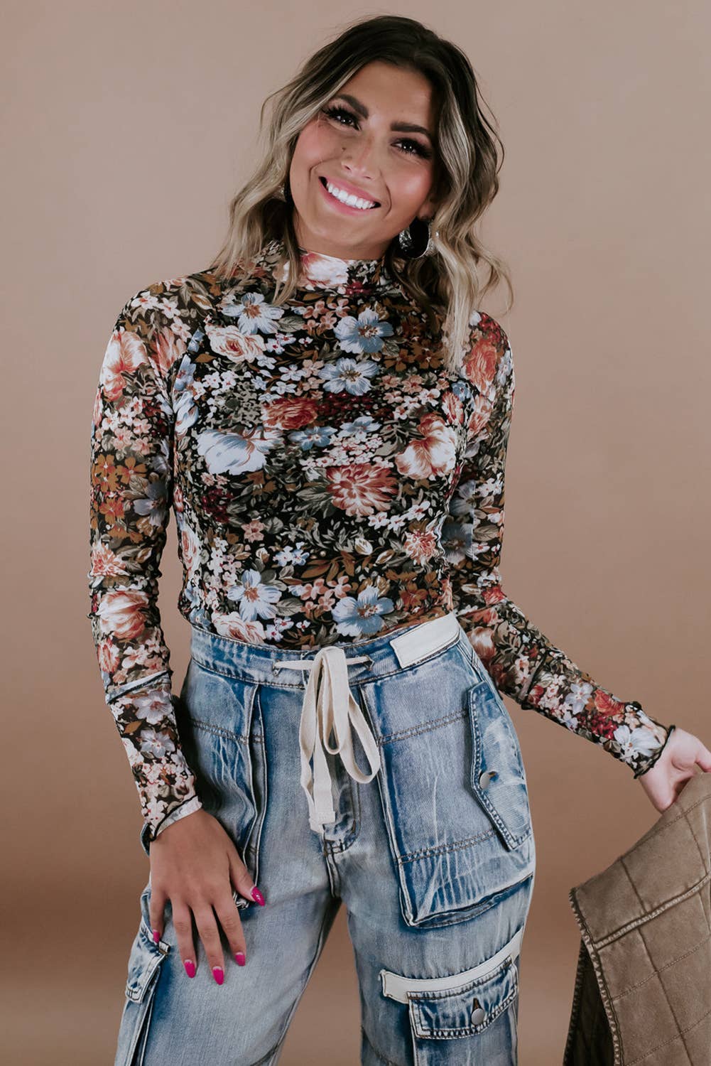 The Evelyn | Floral Print Mesh Mock Neck Slim Blouse
