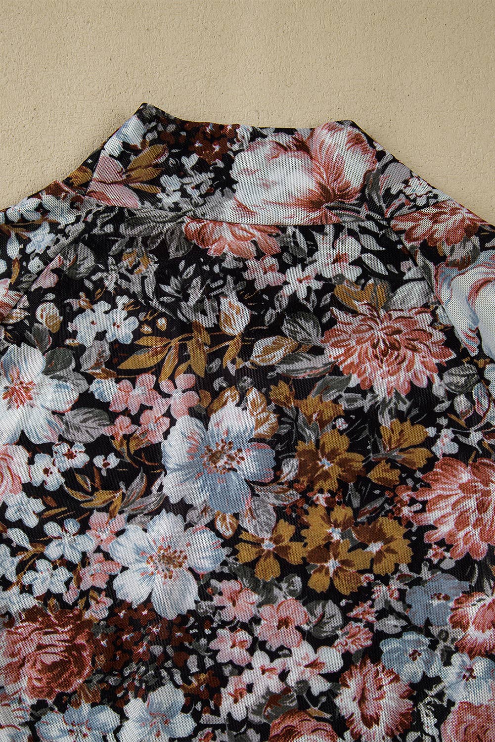 The Evelyn | Floral Print Mesh Mock Neck Slim Blouse