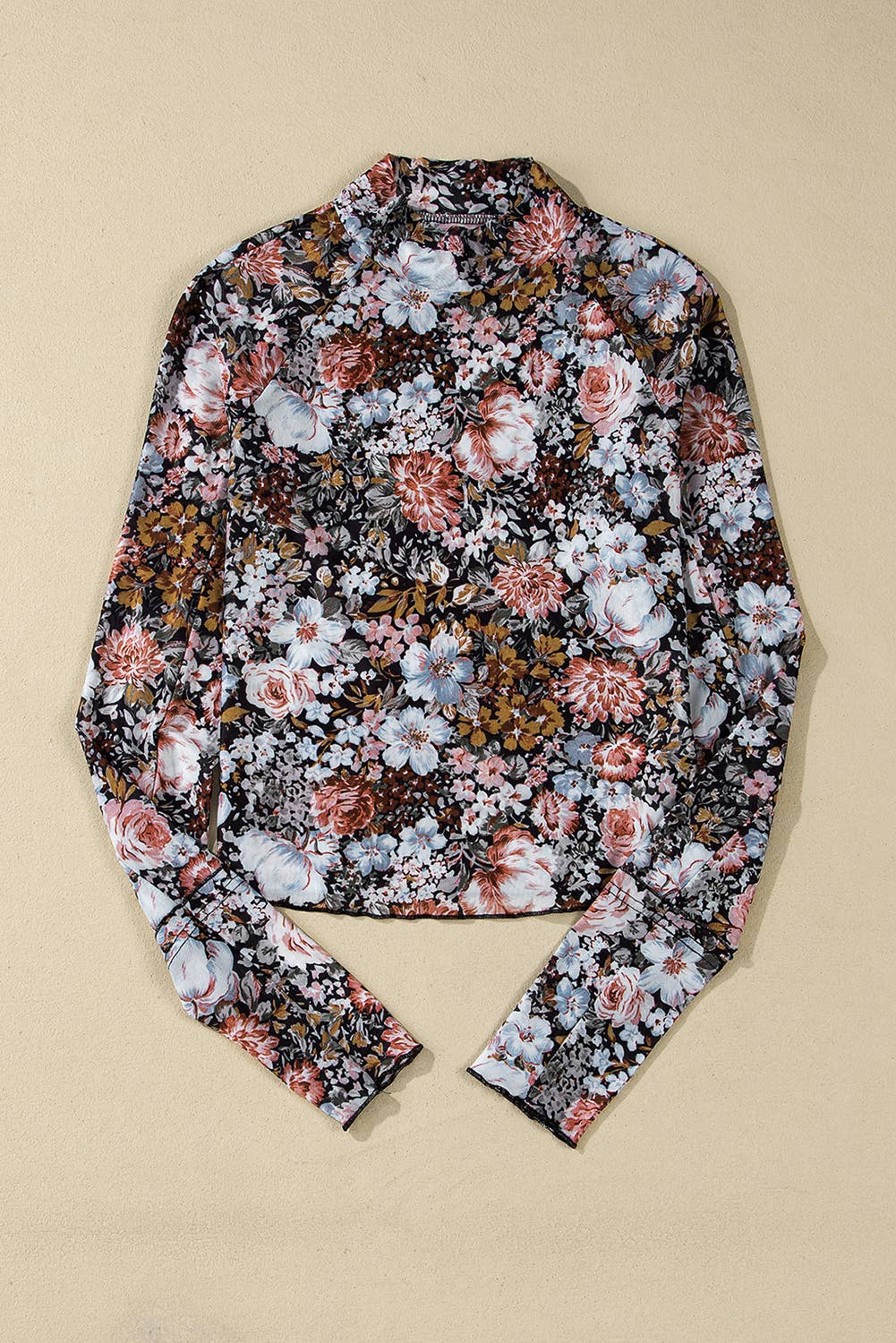 The Evelyn | Floral Print Mesh Mock Neck Slim Blouse