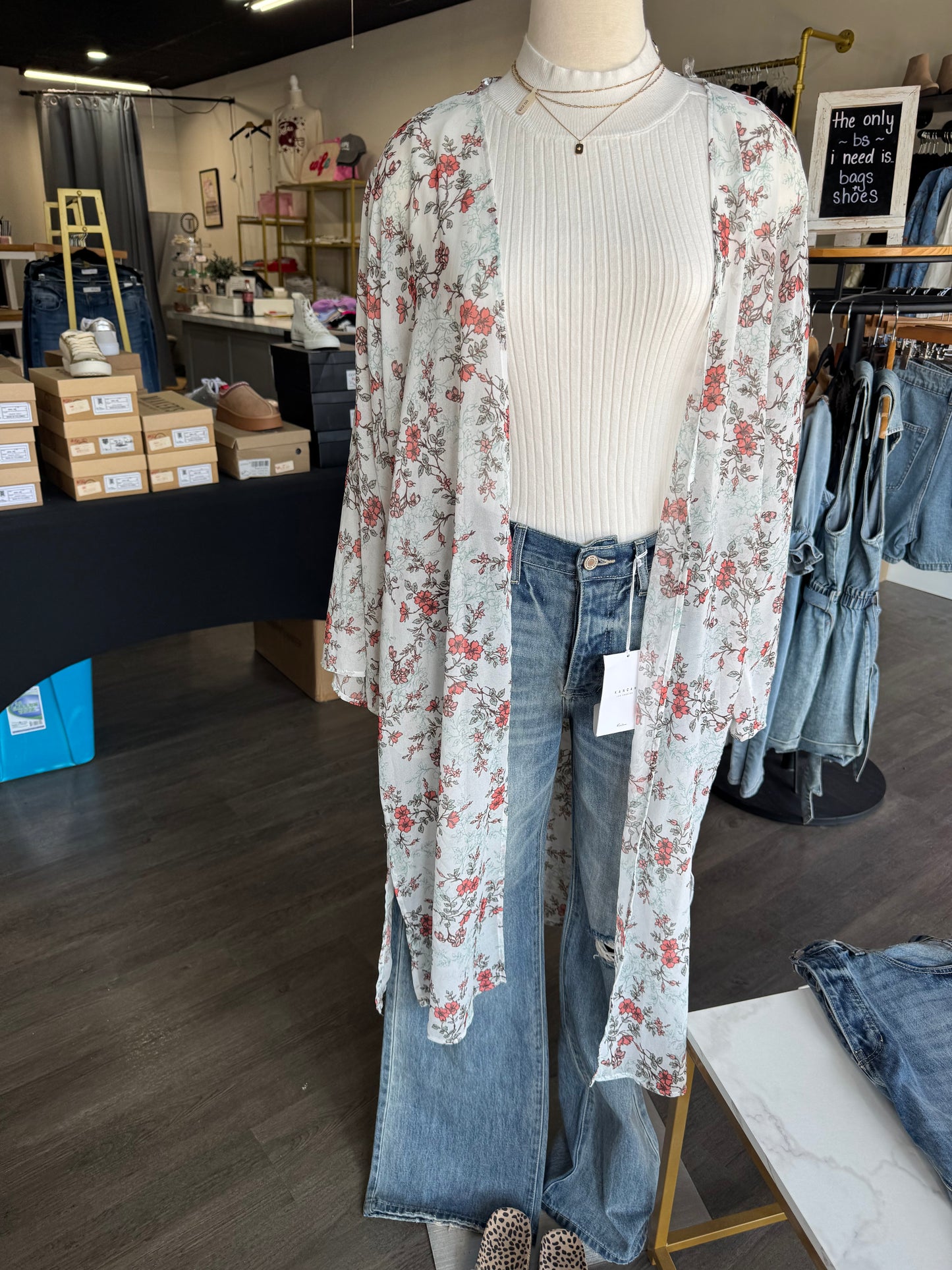 Long Sleeve Floral Kimono with Pockets