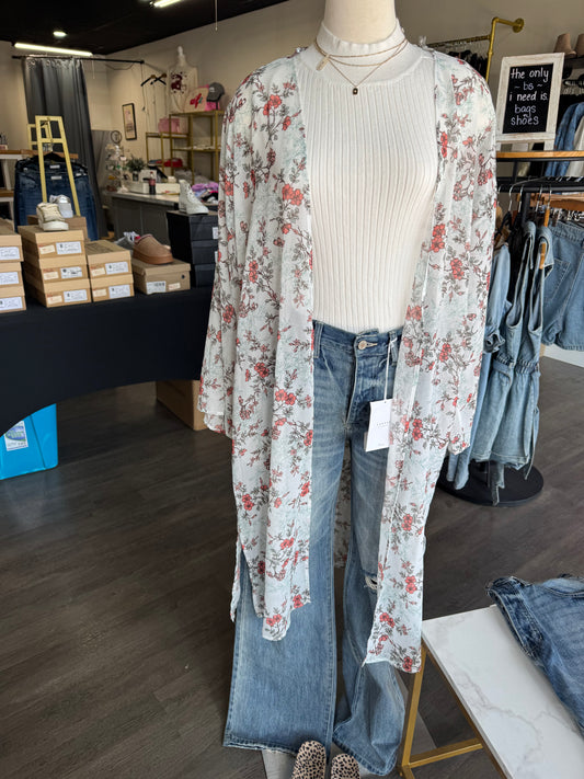 Long Sleeve Floral Kimono with Pockets