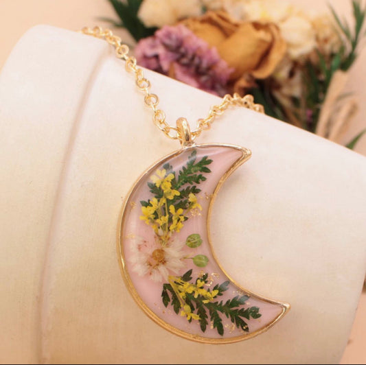 Pink Moon Dried Flower Gold Necklace