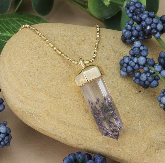 Cottage Floral Dried Lavender Crystal Necklace