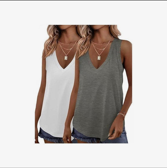 Solid Color Loose V-Neck Tank Top Set