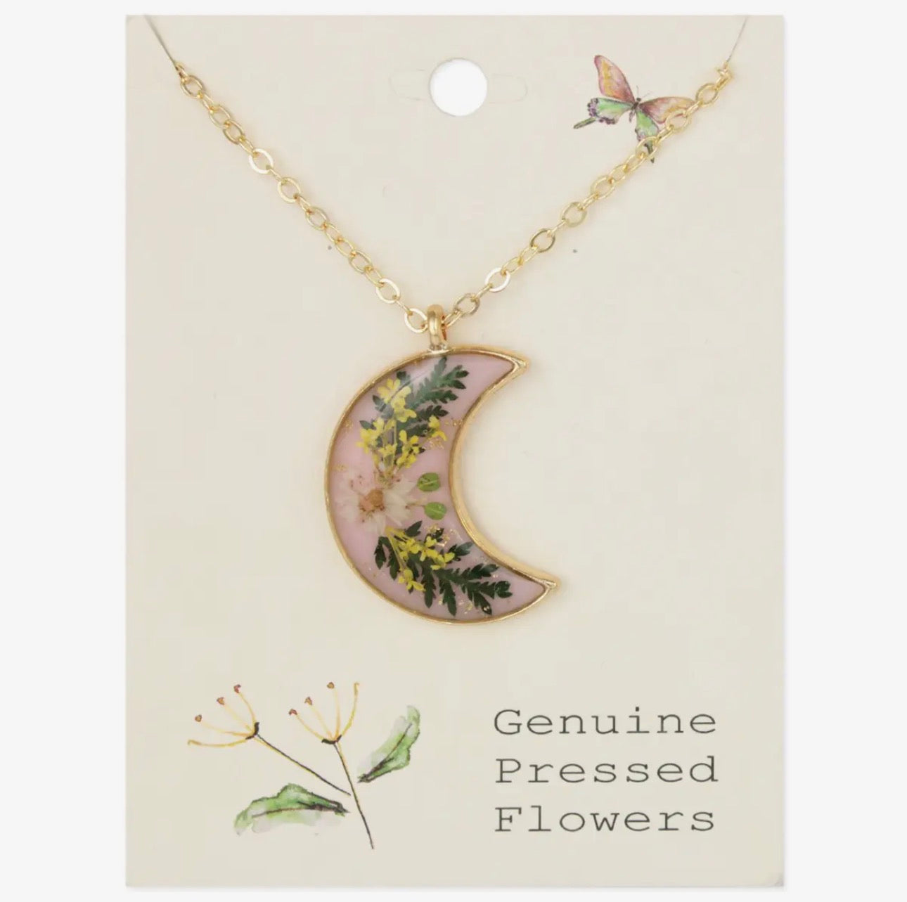 Pink Moon Dried Flower Gold Necklace