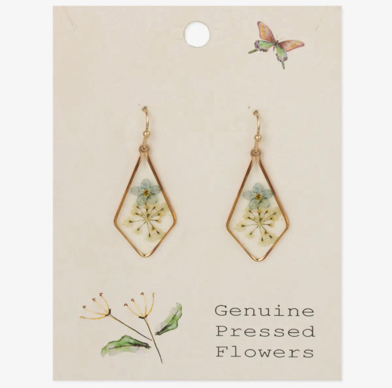 Icy Blue Dried Flower Gold Diamond Earrings
