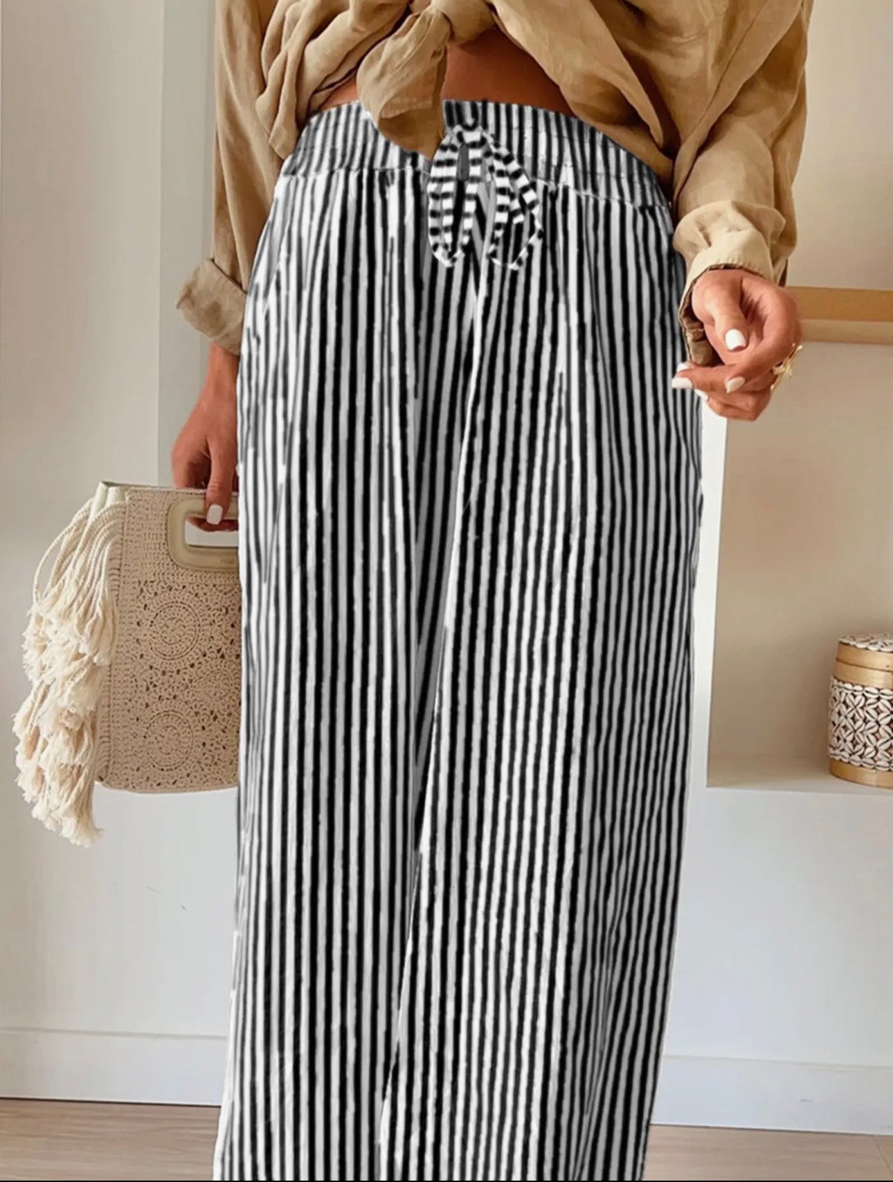 Striped Printed Wide Leg Pocket Pants