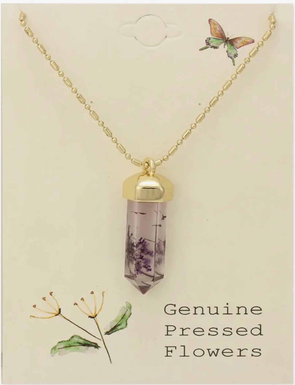 Cottage Floral Dried Lavender Crystal Necklace