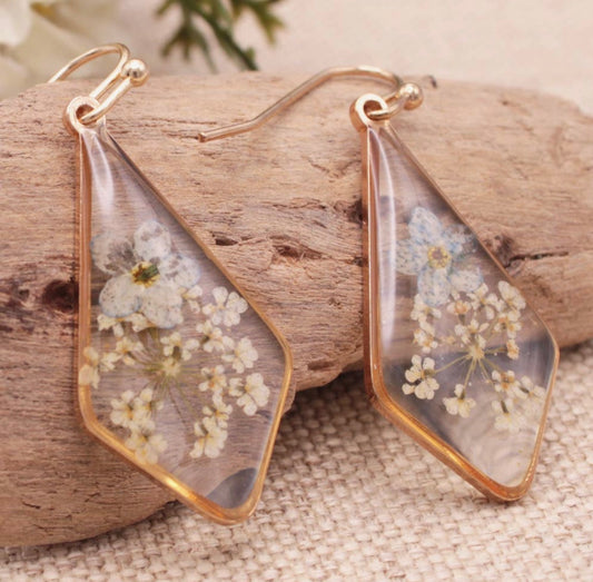 Icy Blue Dried Flower Gold Diamond Earrings