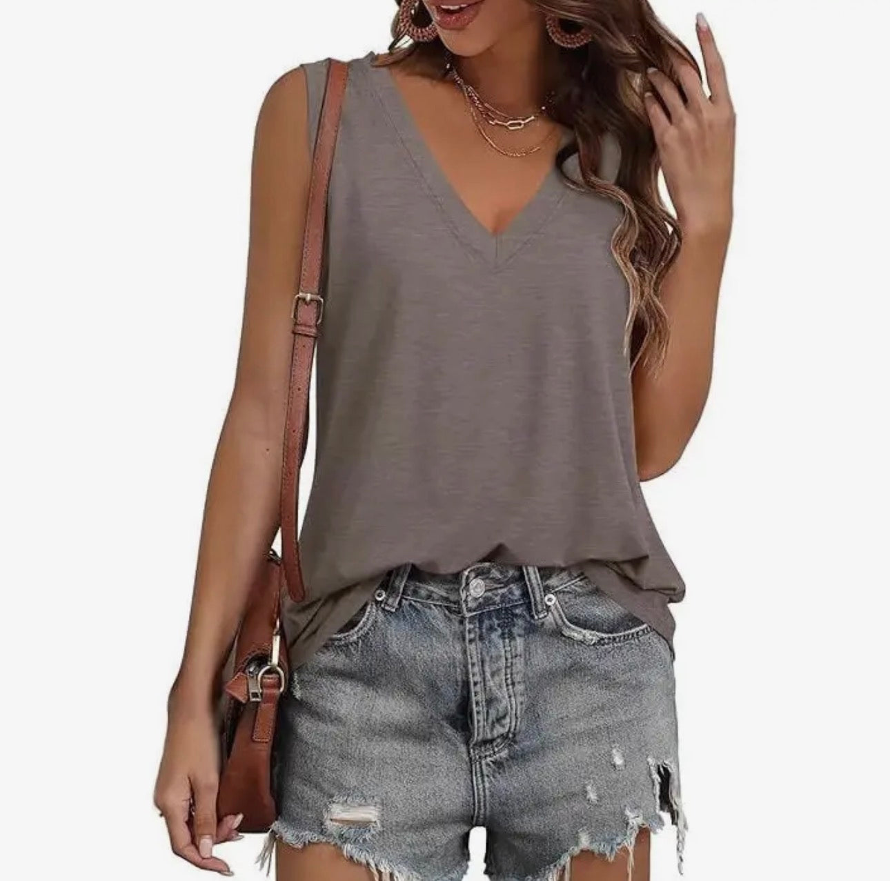 Solid Color Loose V-Neck Tank Top Set