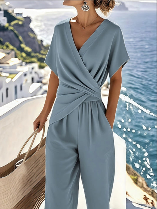 Solid Color Irregular Cross Neck Short Sleeve Pants Set