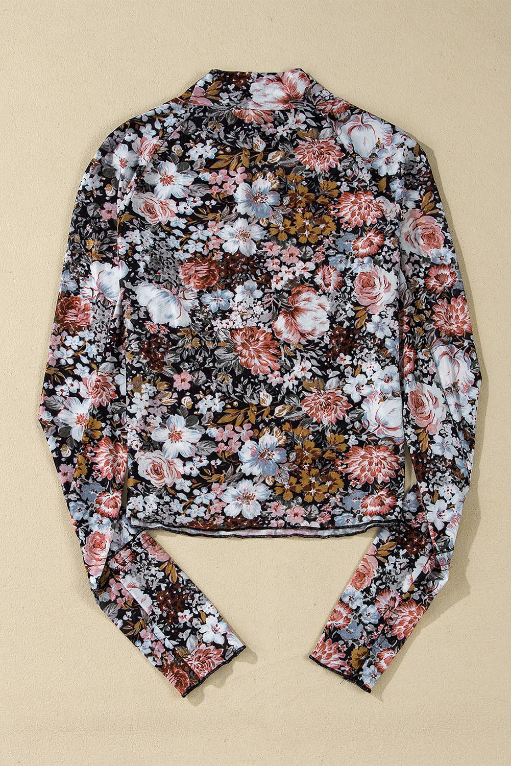 The Evelyn | Floral Print Mesh Mock Neck Slim Blouse
