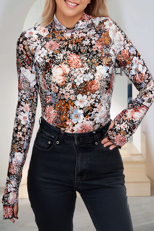 Sarah Floral Long Sleeve High Neck Sheath Mesh Blouse