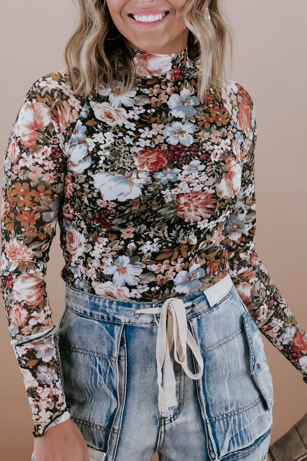 The Evelyn | Floral Print Mesh Mock Neck Slim Blouse